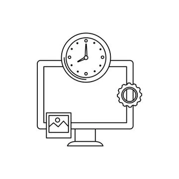Desktop computer with time clock Stock Illustration
