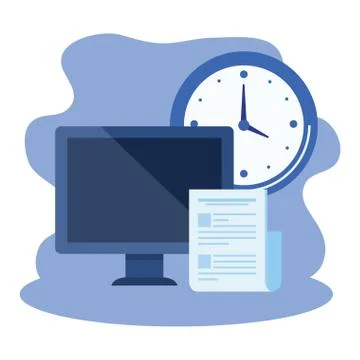 Desktop computer with time clock Stock Illustration