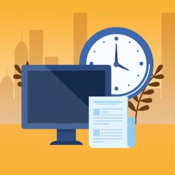 Desktop computer with time clock Illustrazione stock