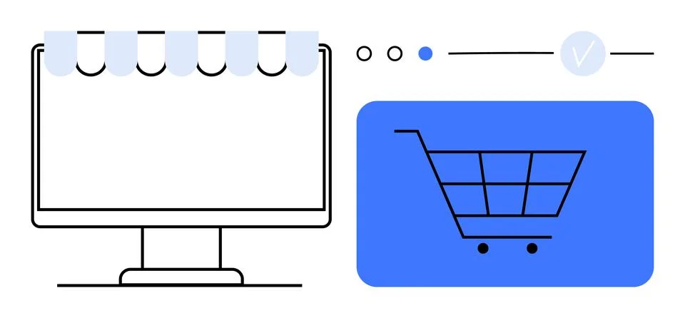 Desktop computer under awning next to blue shopping cart on rectangular butto Stock Illustration