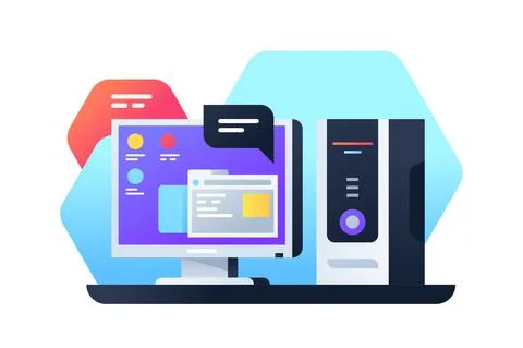 Desktop computer using modern app for working with data. Stock Illustration