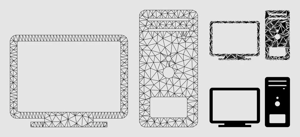 Desktop Computer Vector Mesh Carcass Model and Triangle Mosaic Icon Stock Illustration