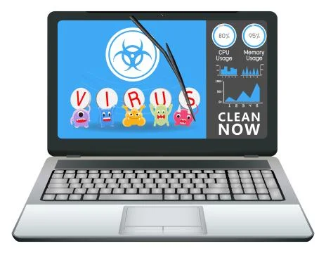 Desktop computer with virus cleaning application 스톡 일러스트