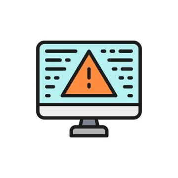 Desktop computer with warning sign, screen error, notification color line icon. Illustrazione stock