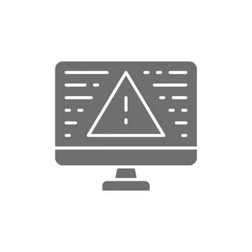 Desktop computer with warning sign, screen error, notification grey icon. Stock Illustration