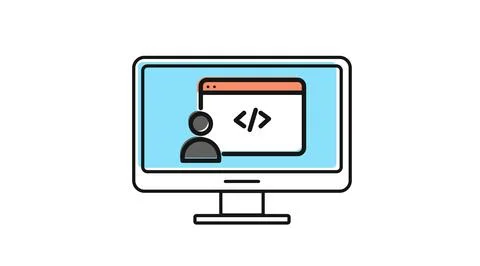 Desktop computer with web development code Illustrazione stock