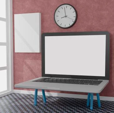 Desktop computer with white screen on the table of the office mockup 3d rende Stock Illustration