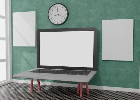 Desktop computer with white screen on the table of the office mockup 3d rende Stock Illustration