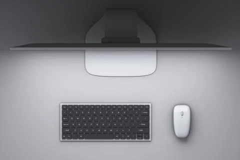 Desktop computer, wireless keyboard and mouse. View from above. Freelance top Foto stock