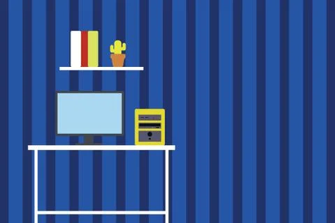 Desktop computer wooden table background shelf books flower pot. Monitor CPU 스톡 일러스트