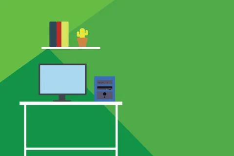 Desktop computer wooden table background shelf books flower pot. Monitor CPU Illustrazione stock