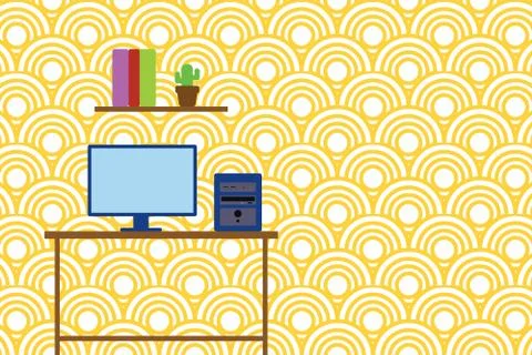 Desktop computer wooden table background shelf books flower pot. Monitor CPU 스톡 일러스트