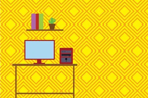 Desktop computer wooden table background shelf books flower pot. Monitor CPU Stock Illustration