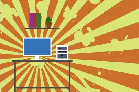 Desktop computer wooden table background shelf books flower pot. Monitor CPU Stock Illustration