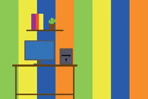 Desktop computer wooden table background shelf books flower pot. Monitor CPU 스톡 일러스트