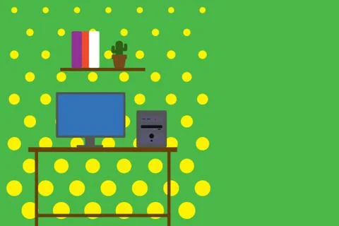 Desktop computer wooden table background shelf books flower pot. Monitor CPU 스톡 일러스트