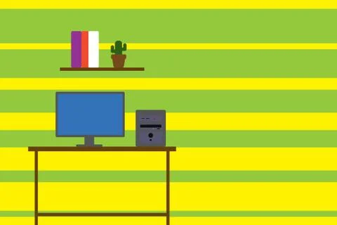 Desktop computer wooden table background shelf books flower pot. Monitor CPU 스톡 일러스트
