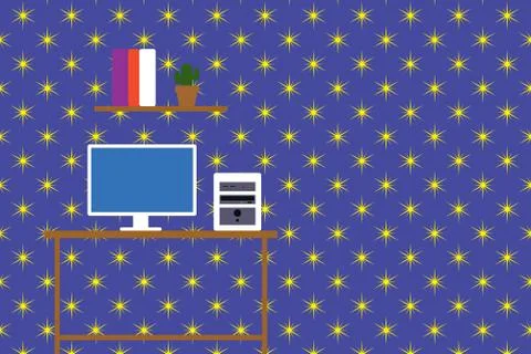 Desktop computer wooden table background shelf books flower pot. Monitor CPU 스톡 일러스트