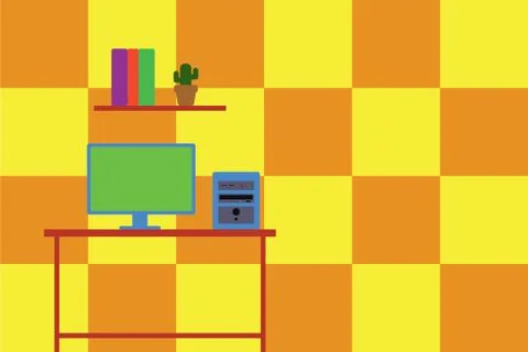 Desktop computer wooden table background shelf books flower pot. Monitor CPU 스톡 일러스트