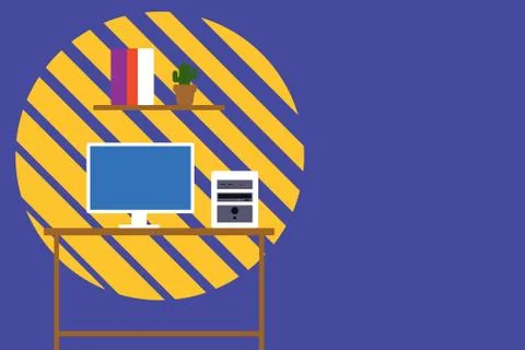 Desktop computer wooden table background shelf books flower pot. Monitor CPU Illustrazione stock