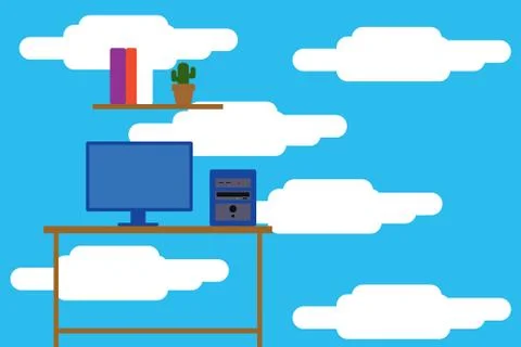 Desktop computer wooden table background shelf books flower pot. Monitor CPU Stock Illustration