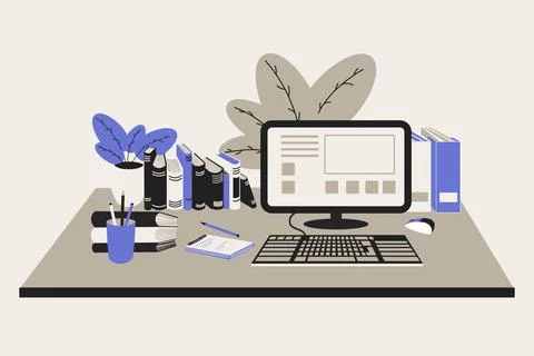 Desktop with computer for work or study Illustrazione stock