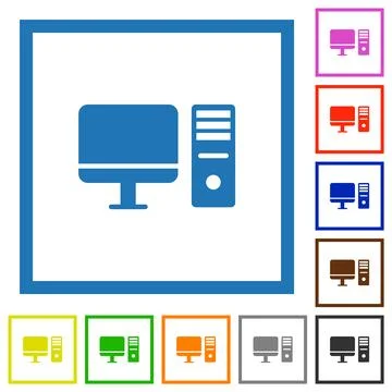 Desktop computer workstation flat framed icons Stock Illustration