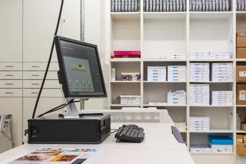 Desktop Control Panel Computer On Top of Older Generation Digital Printer Ind Stock Photos