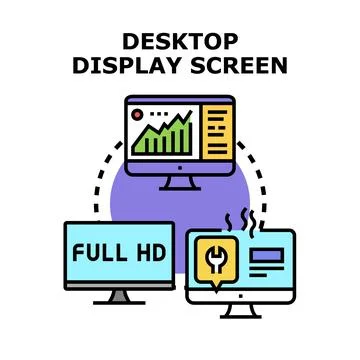 Desktop display screens, resolution, data analysis, and technical repair Stock Illustration