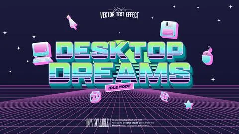 Desktop Dreams 90s computer text style in lime cyan and pink Stock Illustration