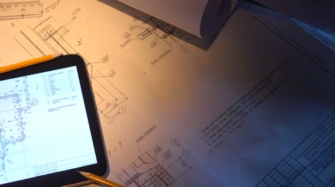 Desktop engineer. Tablet PC with the drawings. Stock Footage 58816941