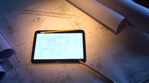 Desktop engineer. Tablet PC with the drawings. Stock Footage 58816996