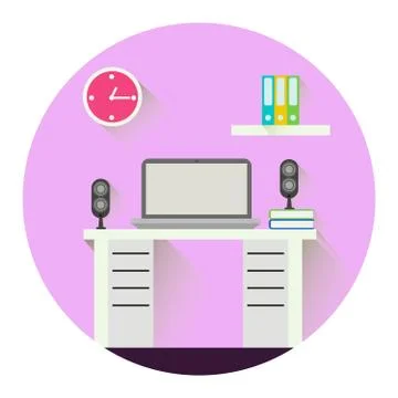 Desktop, flat design, office interior Illustrazione stock
