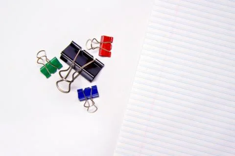 Desktop flat scene with white open planner, desktop desk accessories Stock Photos