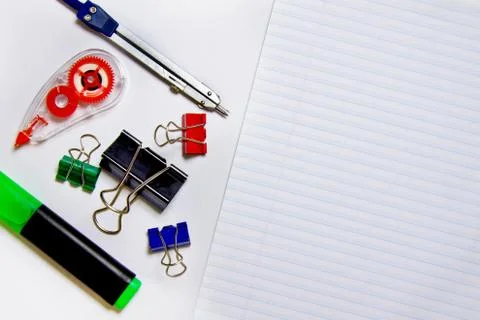 Desktop flat scene with white open planner, desktop desk accessories Stock Photos