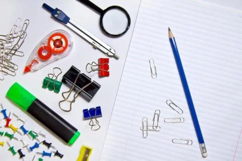 Desktop flat scene with white open planner, desktop desk accessories Stock Photos