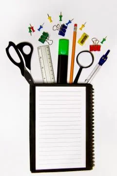 Desktop flat scene with white open planner, desktop desk accessories Stock Photos