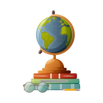 Desktop globe with stack of books, glasses and pencil. Vector illustration Stock Illustration