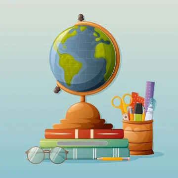 Desktop globe with stack of books, glasses, pencil, stand Stock Illustration