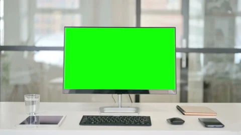 Desktop with Green Chroma Key Screen, Zoom In Stock Footage 146480217