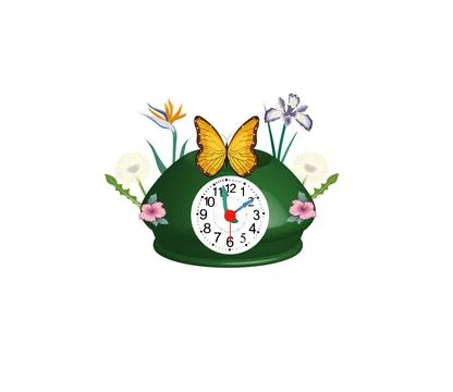 Desktop green clock in the form of a house with flowers and butterfly Stock Illustration