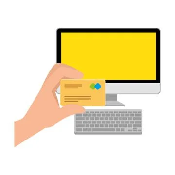 Desktop with hand using credit card ecommerce icon Stock Illustration