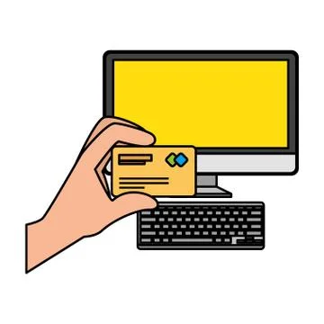 Desktop with hand using credit card ecommerce icon Illustrazione stock