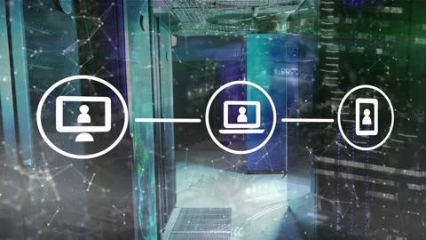 Desktop icon appearing drawing line to laptop and phone network overlay pulsing Stock Footage 332843805