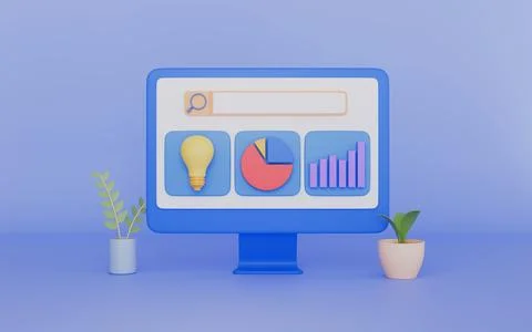 Desktop icon with lightbulb pie line chart concept Stock Illustration