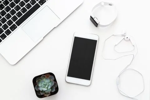 Desktop items: laptop, succulent, notebook, headphones, mobile phone, watch l Stock Photos