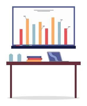 Desktop with laptop, folders, white presentation board with analytic data, bar Stock Illustration