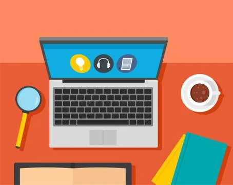Desktop laptop learning background, flat style Illustrazione stock