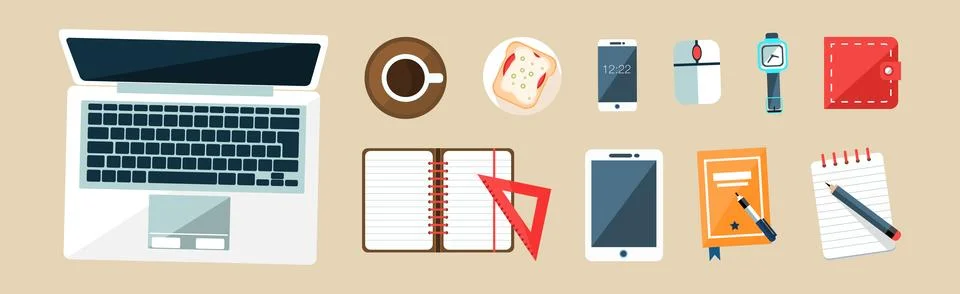 Desktop with Laptop, Notepad, Coffee, Tablet, Smartphone and Watch Vector Set 스톡 일러스트