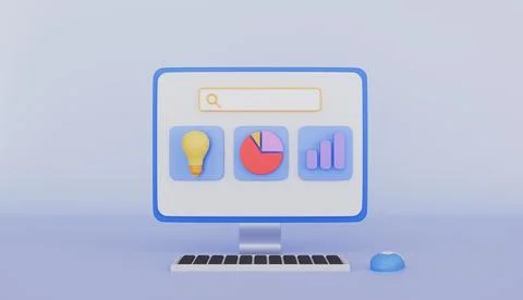 Desktop with lightbulb pie line chart concept for technology Stock Illustration